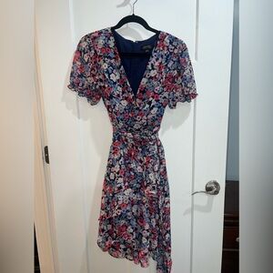 Floral Tahari Sundress Puff Short Sleeve Gold Shimmer asymmetrical Summer